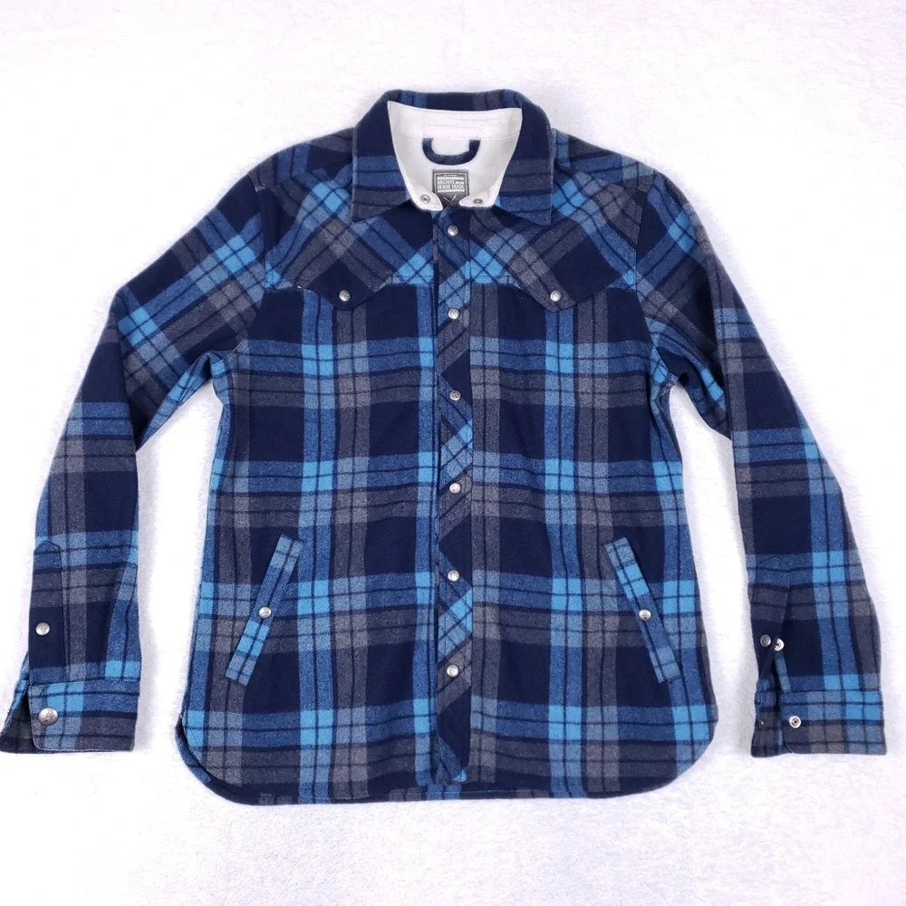 Archive Denim Trade Wool Blend Plaid Shirt‎ Jacket Blue Gray Western Snap M